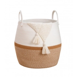 Cotton Matka With Handle 14x12 Inch Storage Basket For Clothes (Beige White)
