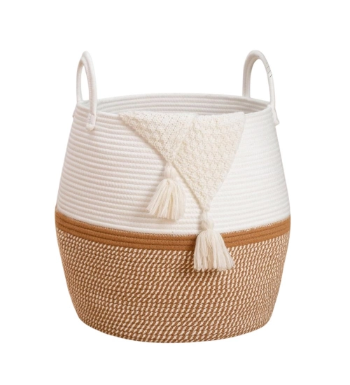 Cotton Matka With Handle 14x12 Inch Storage Basket For Clothes (Beige White)