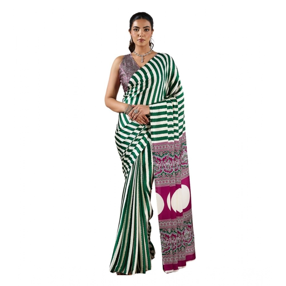 Women's Satin Crepe Printed Saree With Unstitched Blouse 5.5Mtr (Green)