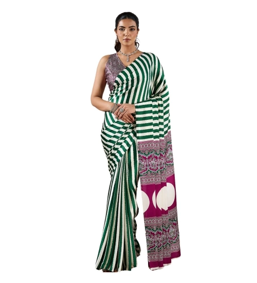 Women's Satin Crepe Printed Saree With Unstitched Blouse 5.5Mtr (Green)