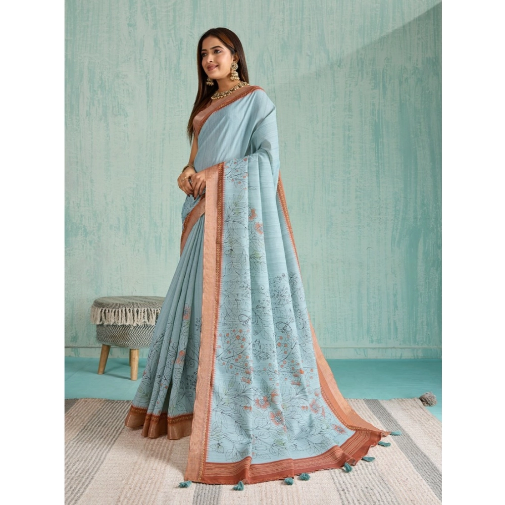 Women's Silk Blend Printed Saree With Unstitched Blouse 5.5Mtr (Blue) Women's Silk Blend Printed Saree With Unstitched Blouse 5.5Mtr (Blue)