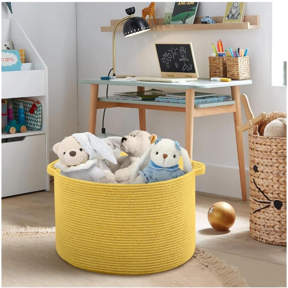Cotton 14x12 Inch Pack of 1 Storage Basket For Clothes (Yellow)
