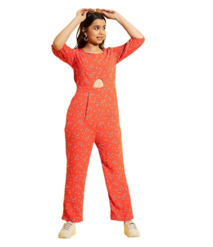 Girl's Polyester Floral 3/4th Sleeve Jumpsuit (Coral)
