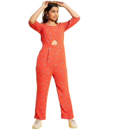 Girl's Polyester Floral 3/4th Sleeve Jumpsuit (Coral)