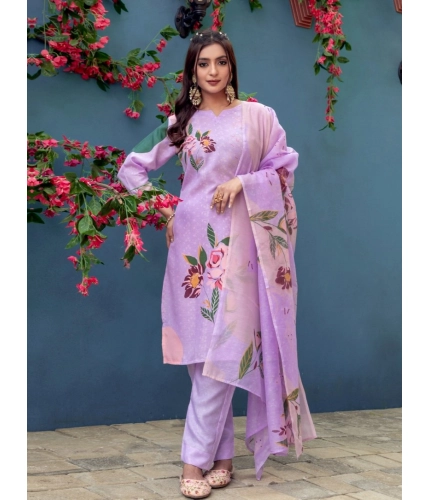 Women's Cotton Blend Printed Kurti With Pant Dupatta Set (Lavender)