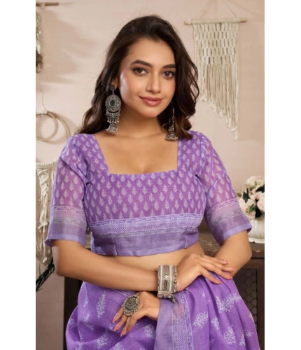 Women's Faux Linen Floral Ready to wear Saree With Unstitched Blouse 5.5Mtr (Lavender)