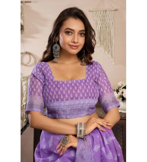 Women's Faux Linen Floral Ready to wear Saree With Unstitched Blouse 5.5Mtr (Lavender)