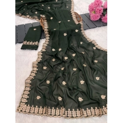 Women's Georgette Embroidered Saree With Unstitched Blouse 5.5Mtr (Green)