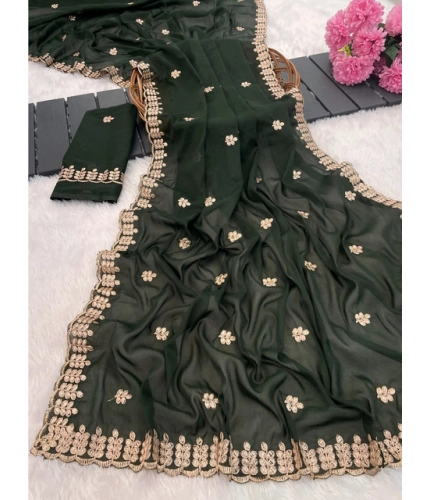 Women's Georgette Embroidered Saree With Unstitched Blouse 5.5Mtr (Green)