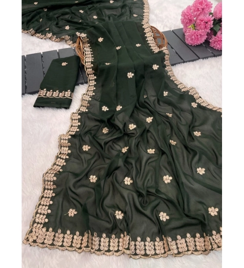 Women's Georgette Embroidered Saree With Unstitched Blouse 5.5Mtr (Green)