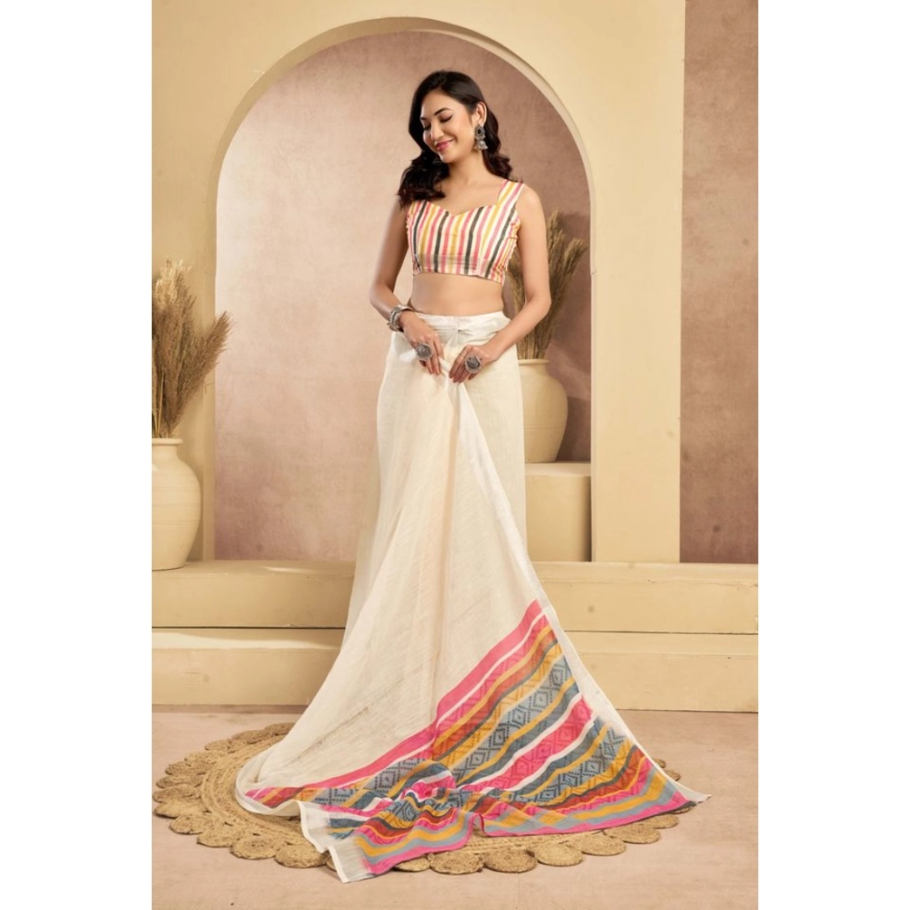 Women's Linen Cotton Printed Ready To Wear Saree With Unstitched Blouse 5.5 Mtr (Beige)