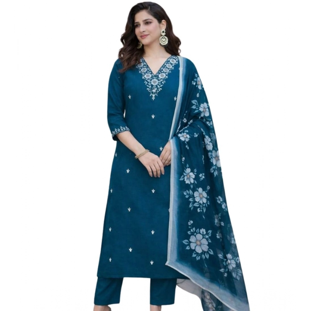 Women's Chanderi Silk Ethnic Motif V-Neck 3/4th Sleeve Kurti With Pant Dupatta Set (Teal)