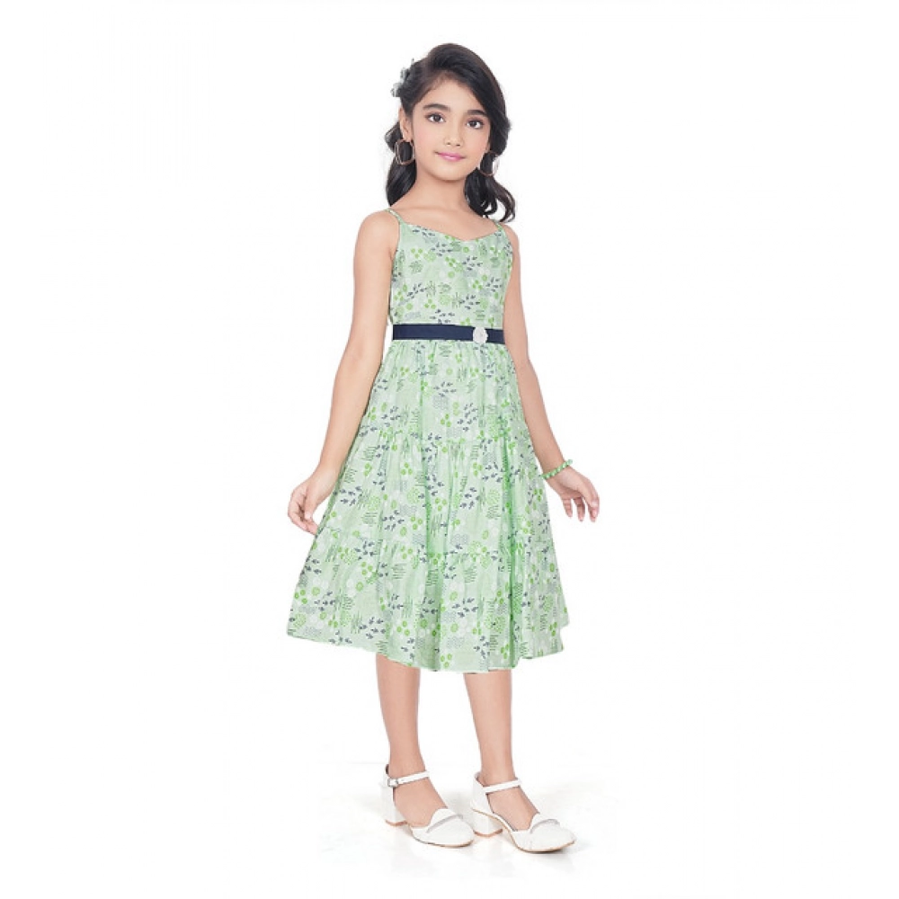 Girl's Cotton Slub Printed Sleeve Less Round Neck Dress (Sea Green)