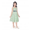 Girl's Cotton Slub Printed Sleeve Less Round Neck Dress (Sea Green)