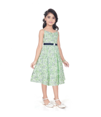 Girl's Cotton Slub Printed Sleeve Less Round Neck Dress (Sea Green)