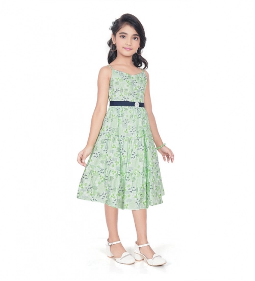Girl's Cotton Slub Printed Sleeve Less Round Neck Dress (Sea Green) Girl's Cotton Slub Printed Sleeve Less Round Neck Dress (Sea Green)
