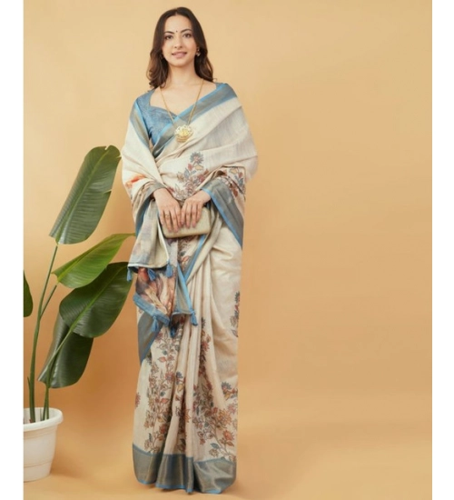 Women's Polyester Printed Saree With Unstitched Blouse 5.5 Mtr (Cream)
