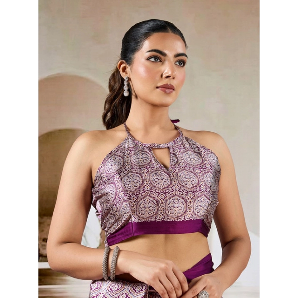 Women's Satin Crepe Printed Saree With Unstitched Blouse 5.5Mtr (Purple)
