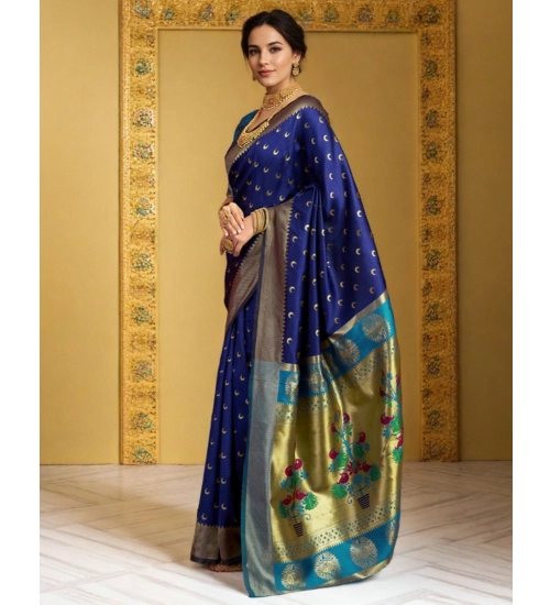Women's Silk Blend Zari Woven Saree With Unstitched Blouse 5.5Mtr (Navy)