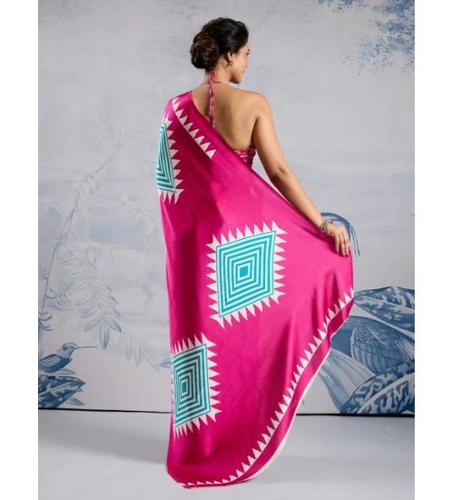 Women's Satin Crepe Printed Saree With Unstitched Blouse 5.5Mtr (Pink)