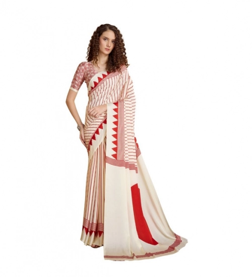 Women's Satin Crepe Printed Saree With Unstitched Blouse 5.5Mtr (Off White)