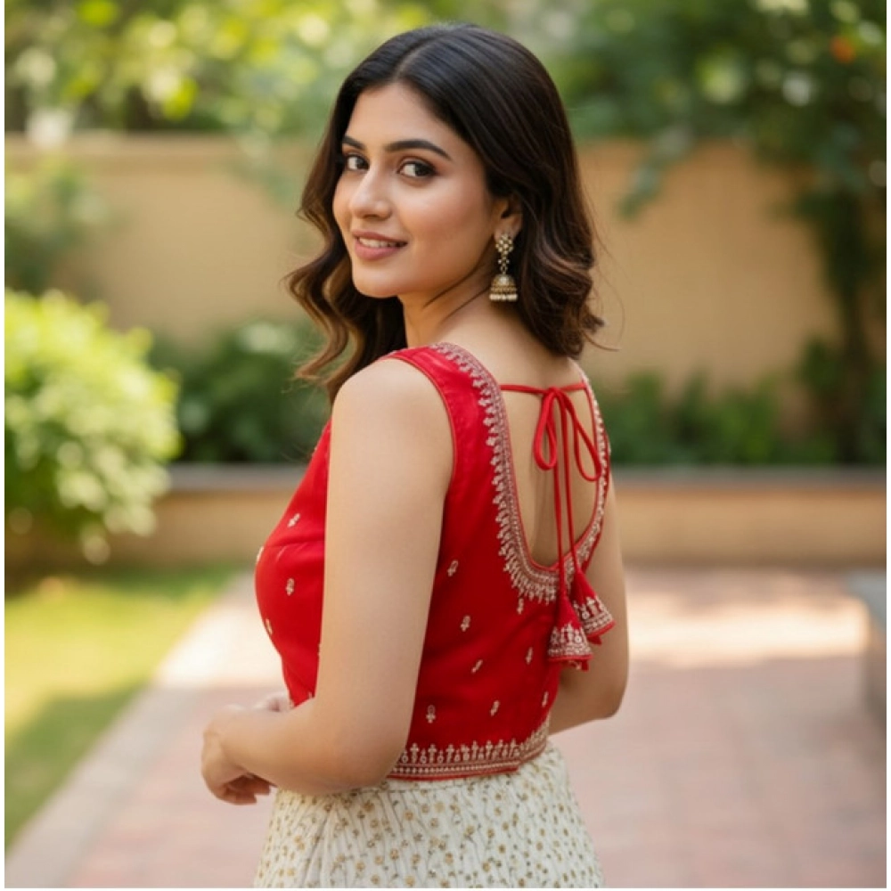 Women's Zimmi Choo Sequin Work V-Neck Padded Blouse (Red 38 Ready (Self Alterable 36–40)