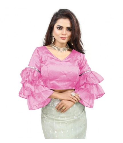Women's Organza Solid V Neck Layered Ruffle Sleeve Readymade Blouse (Light_Pink Free Size , up to 38–40 Bust)-PID65846