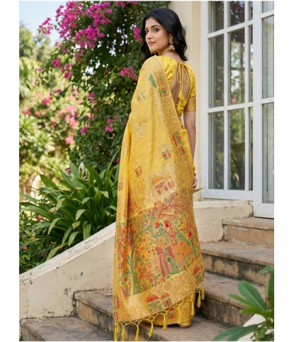 Women's Linen Cotton Printed Saree With Unstitched Blouse 5.5Mtr (Yellow) Women's Linen Cotton Printed Saree With Unstitched Blouse 5.5Mtr (Yellow)