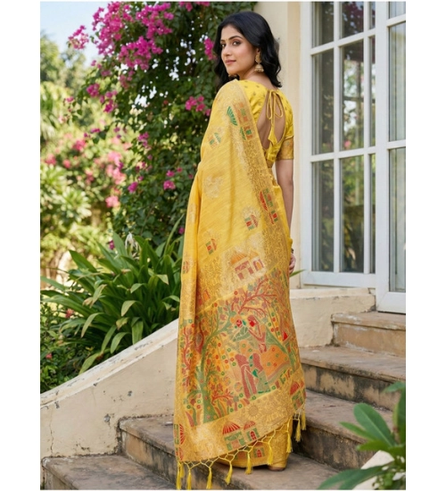Women's Linen Cotton Printed Saree With Unstitched Blouse 5.5Mtr (Yellow)