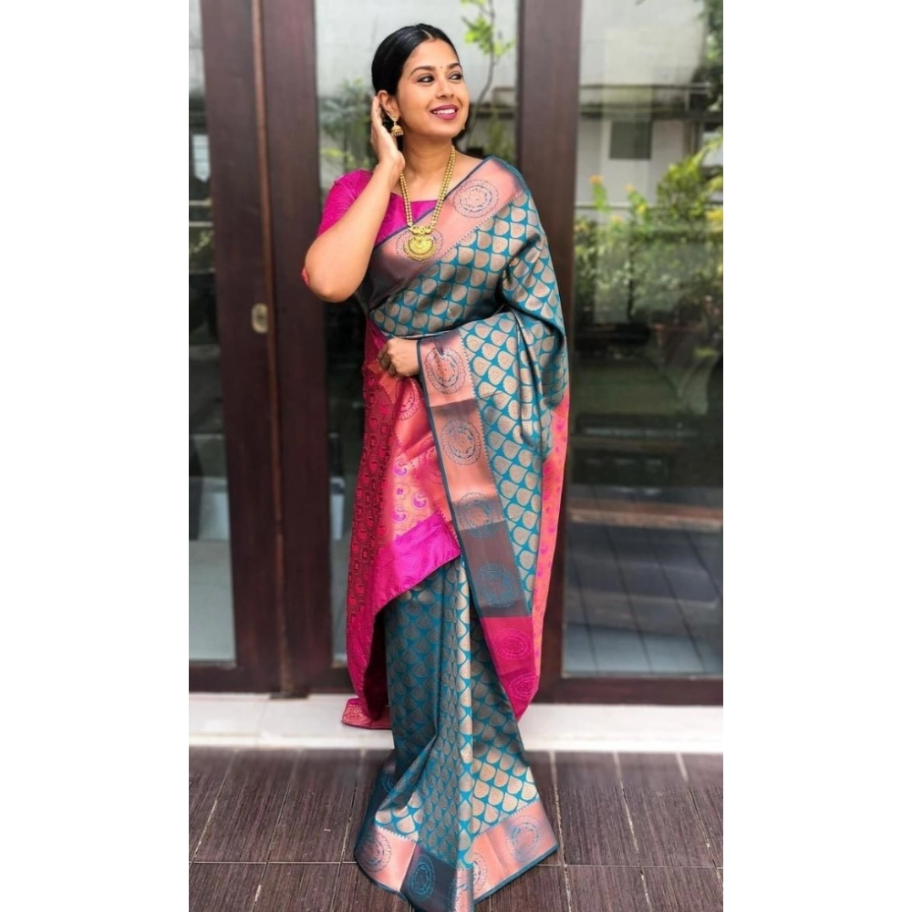 Women's Litchi silk Printed Saree With Unstitched Blouse (Blue) Women's Litchi silk Printed Saree With Unstitched Blouse (Blue)