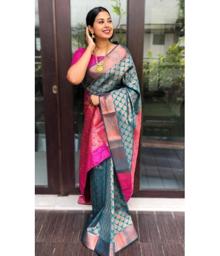 Women's Litchi silk Printed Saree With Unstitched Blouse (Blue) Women's Litchi silk Printed Saree With Unstitched Blouse (Blue)