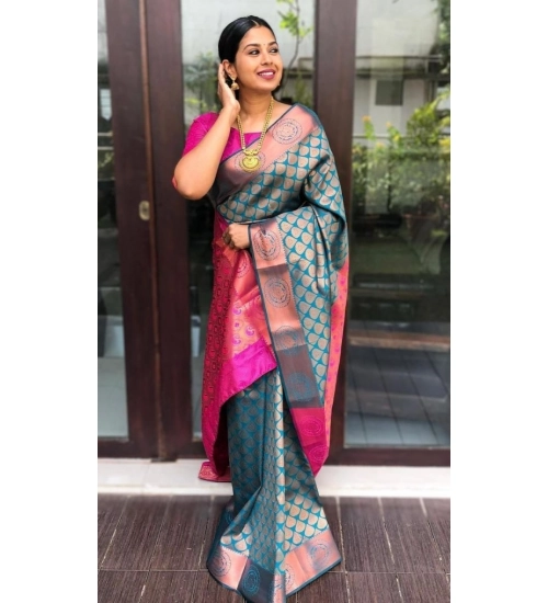 Women's Litchi silk Printed Saree With Unstitched Blouse (Blue)