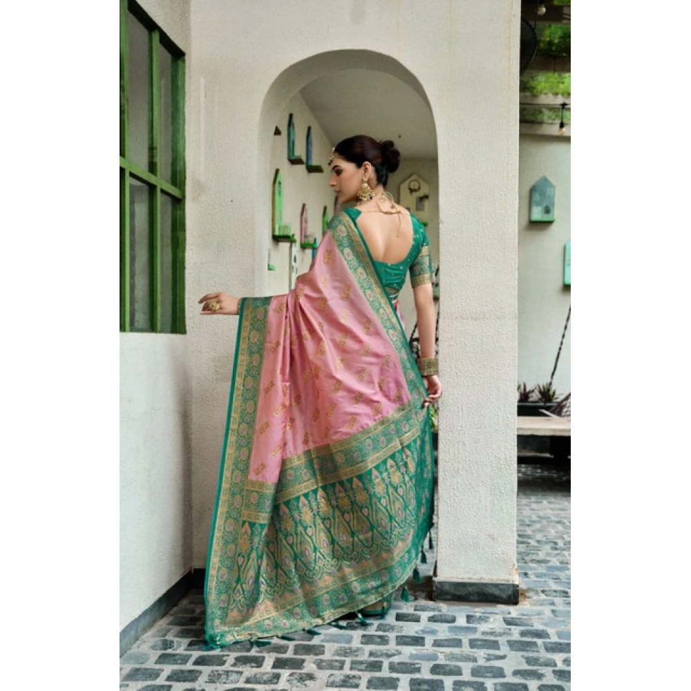 Women's Silk Blend Booti Work Ready to wear Saree With Unstitched Blouse 5.5Mtr (Peach)