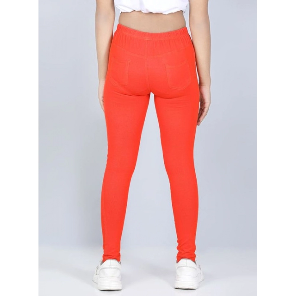 Girl's Cotton Lycra Solid Elasticated Jeggings (Orange) Girl's Cotton Lycra Solid Elasticated Jeggings (Orange)