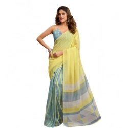 Women's Linen Cotton Printed Ready To Wear With Pocket Saree With Unstitched Blouse 5.5 Mtr (Light_Yellow)
