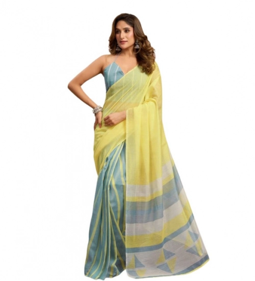 Women's Linen Cotton Printed Ready To Wear With Pocket Saree With Unstitched Blouse 5.5 Mtr (Light_Yellow)