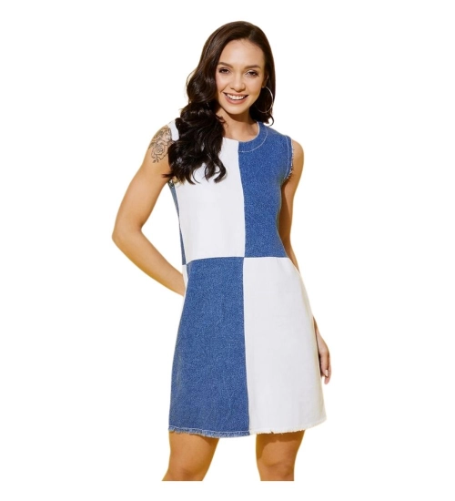 Women's Denim Color Blocking Sleeveless Dress (Blue)
