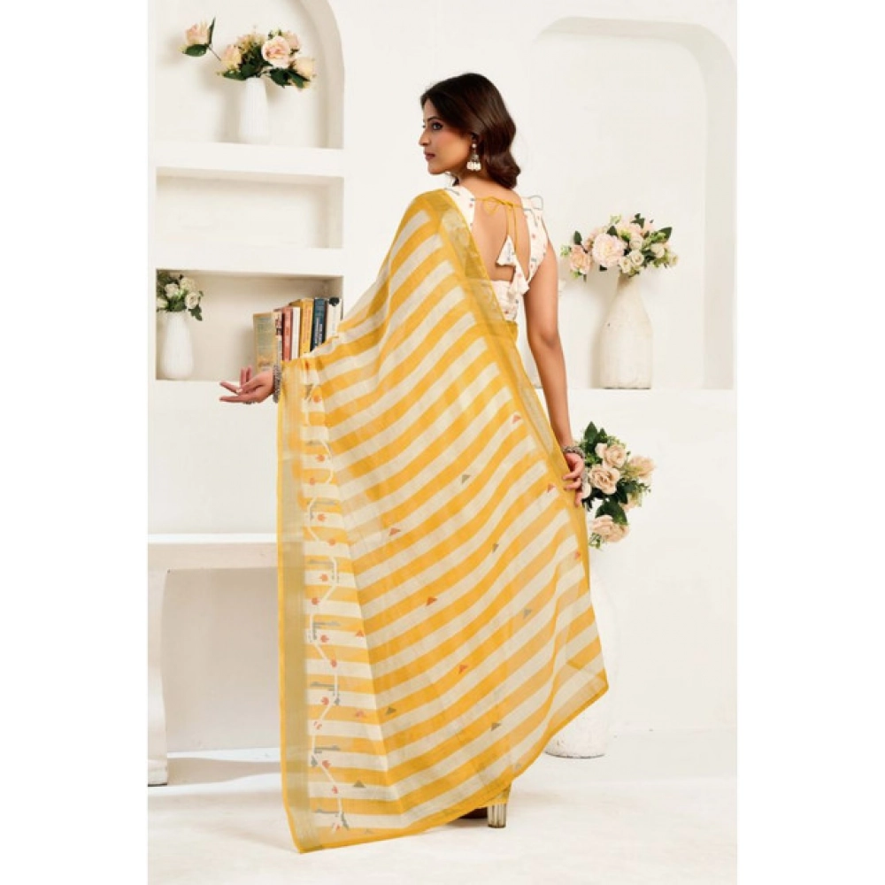 Women's Linen Cotton Printed Ready To Wear Saree With Unstitched Blouse 5.5 Mtr (Light_Mustard)