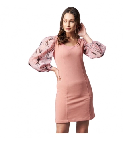 Women's Polyester Lycra And Organza Floral Balloon Sleeve Dress (Pink)