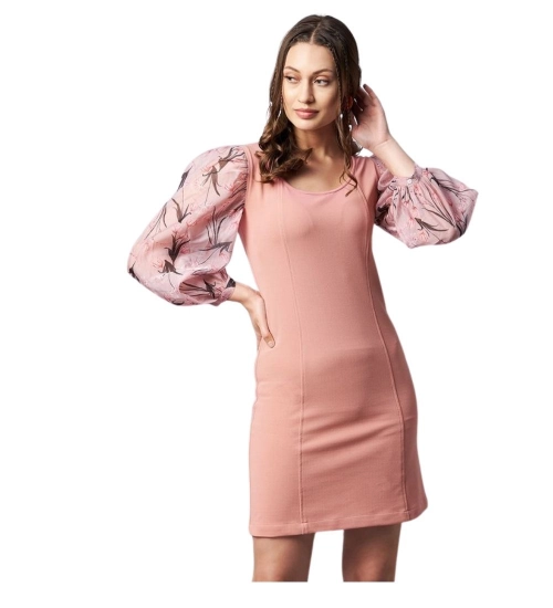 Women's Polyester Lycra And Organza Floral Balloon Sleeve Dress (Pink)