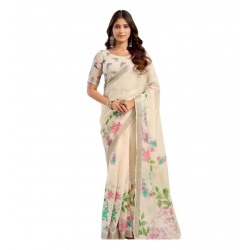 Women's Linen Cotton Printed Ready To Wear Saree With Unstitched Blouse 5.5 Mtr (Light_Beige)