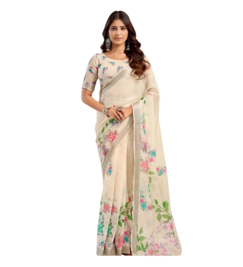 Women's Linen Cotton Printed Ready To Wear Saree With Unstitched Blouse 5.5 Mtr (Light_Beige)