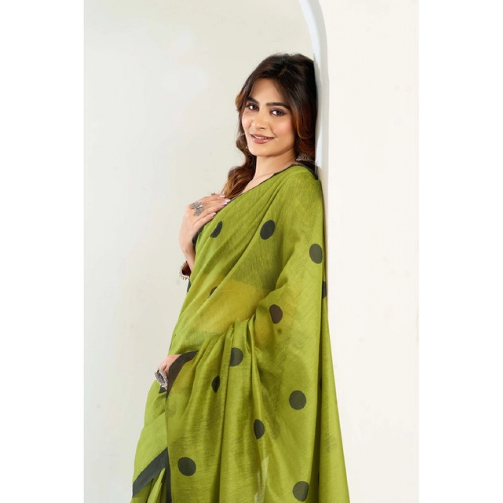 Women's Linen Cotton Printed Ready To Wear Saree With Unstitched Blouse 5.5 Mtr (Green)