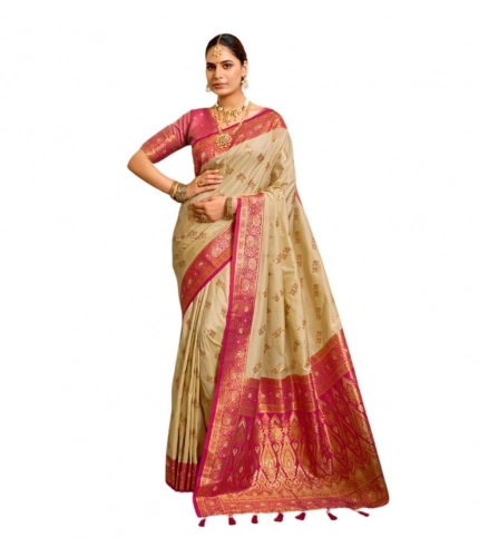 Women's Silk Blend Booti Work Ready to wear Saree With Unstitched Blouse 5.5Mtr (LightBeige)
