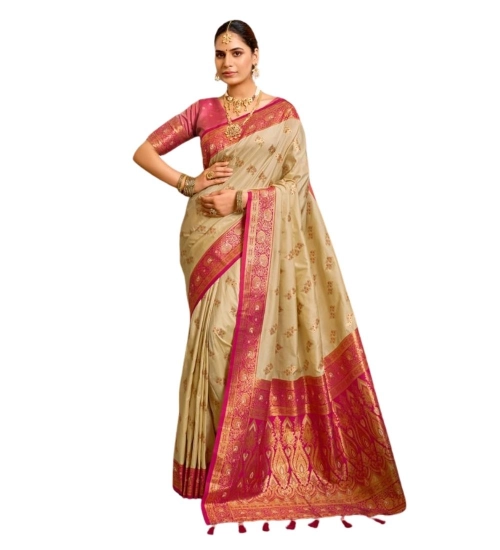Women's Silk Blend Booti Work Ready to wear Saree With Unstitched Blouse 5.5Mtr (LightBeige)