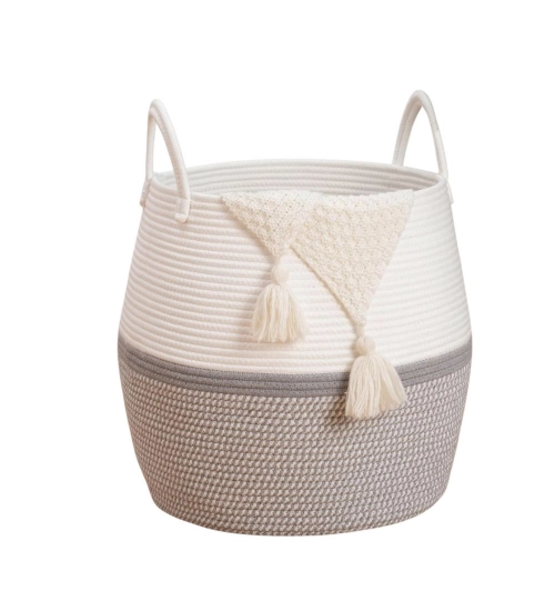 Cotton Matka With Handle 14x12 Inch Storage Basket For Clothes (Gray White)