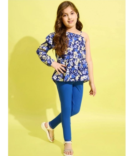 Girl's Polyester Floral One Shoulder Jeggings Set (Blue)