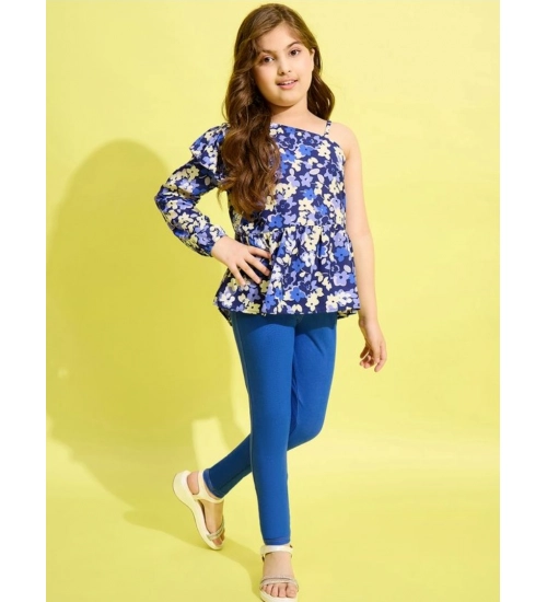 Girl's Polyester Floral One Shoulder Jeggings Set (Blue)