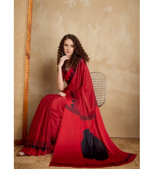 Women's Satin Crepe Printed Saree With Unstitched Blouse 5.5Mtr (Red)