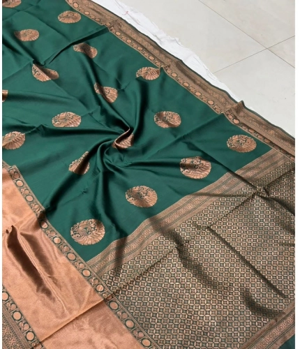 Women's Litchi silk Printed Saree With Unstitched Blouse (Green)